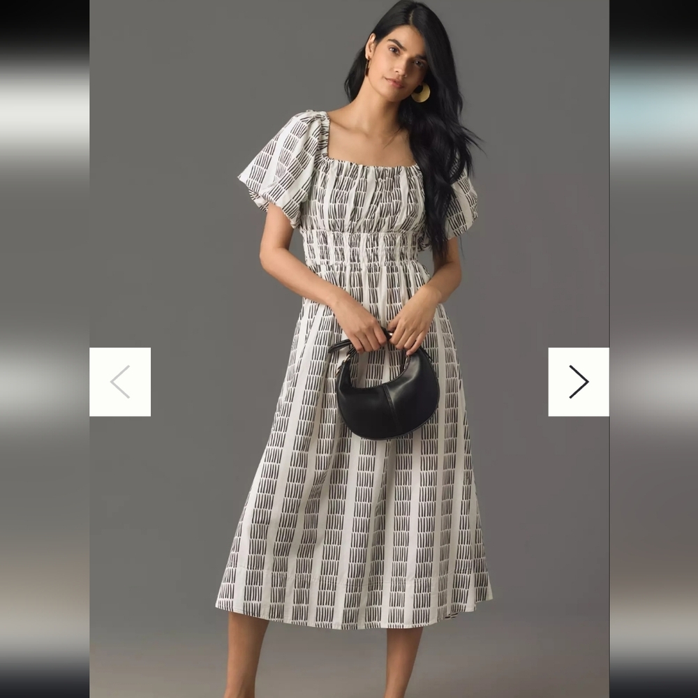 Anthropologie Maeve Puff Sleeve Square Neck Smocked Midi Dress Black White Xs